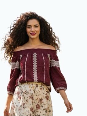 Lucky Brand Off-Shoulder Embroidered Peasant Top - Size XS